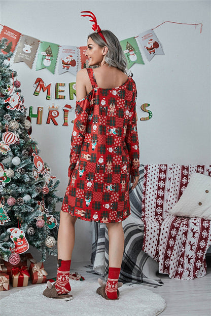 Christmas Asymmetrical Neck Long Sleeve Dress-Angel Casuals