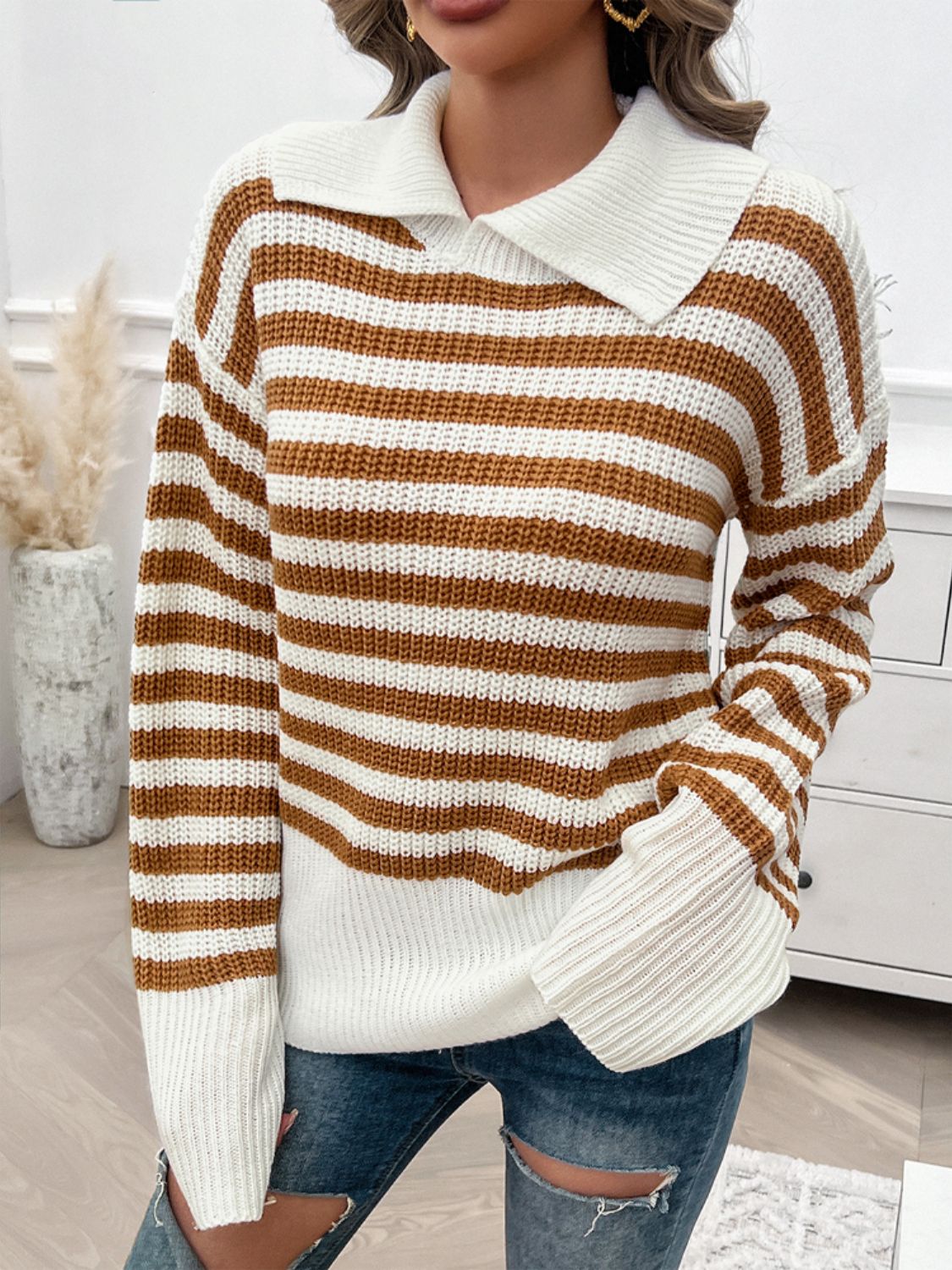 Devine Striped Collared Neck Long Sleeve Sweater-Angel Casuals