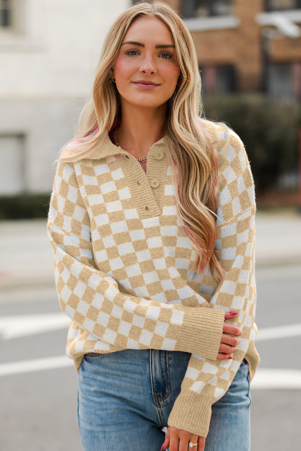 Checkered Collared Neck Long Sleeve Sweater-Angel Casuals