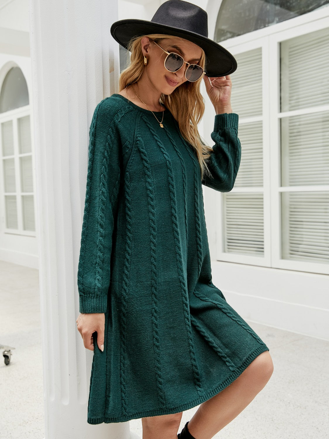 Cable-Knit Long Sleeve Sweater Dress-Angel Casuals