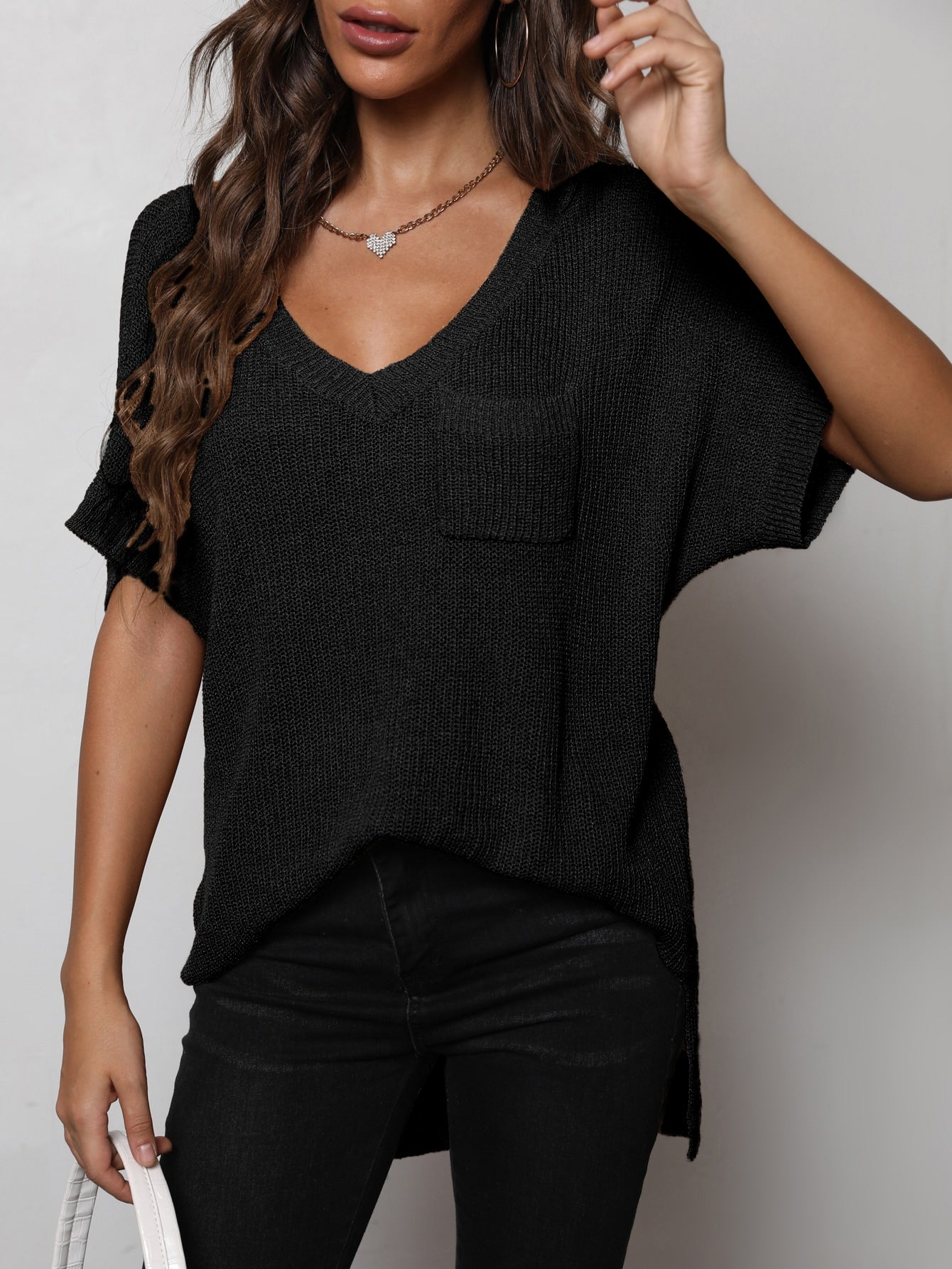 V-Neck Slit High-Low Knit Top-Angel Casuals