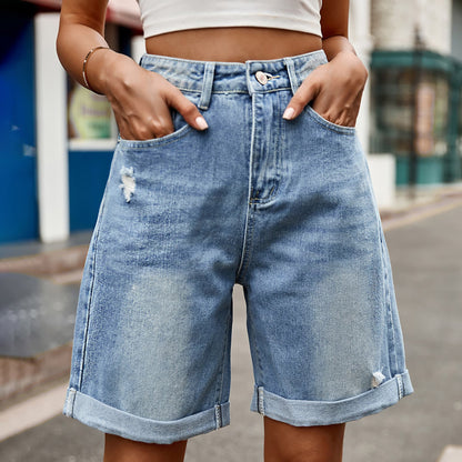 Distressed Buttoned Denim Shorts with Pockets-Angel Casuals