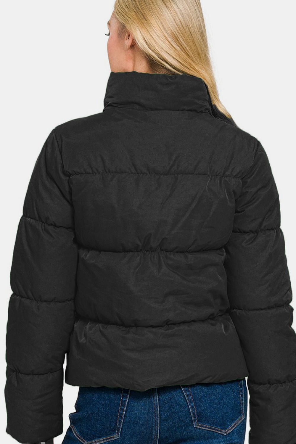 Zenana Zip Up Turtleneck Puffer Jacket with Pockets-Angel Casuals