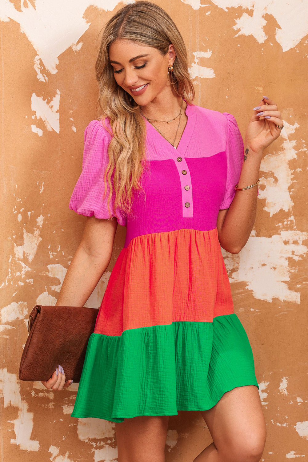 Color Block Buttoned Puff Sleeve Dress-Angel Casuals