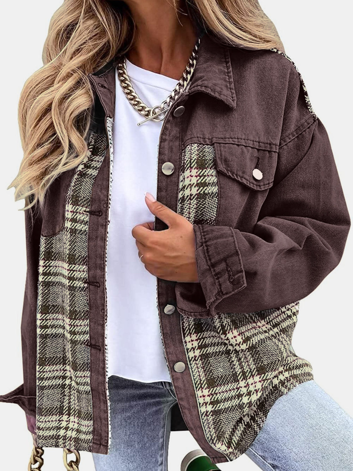 Plaid Button Up Dropped Shoulder Jacket-Angel Casuals