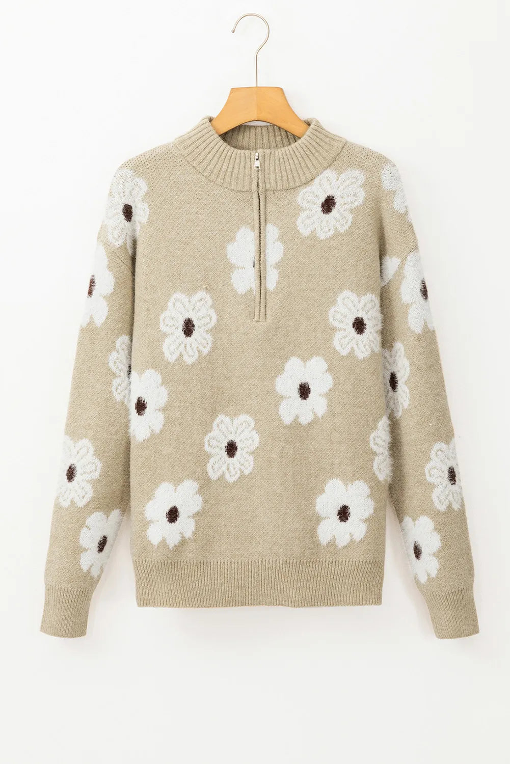 Flower Half Zip Long Sleeve Sweater-Angel Casuals