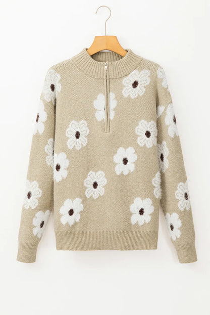 Flower Half Zip Long Sleeve Sweater-Angel Casuals