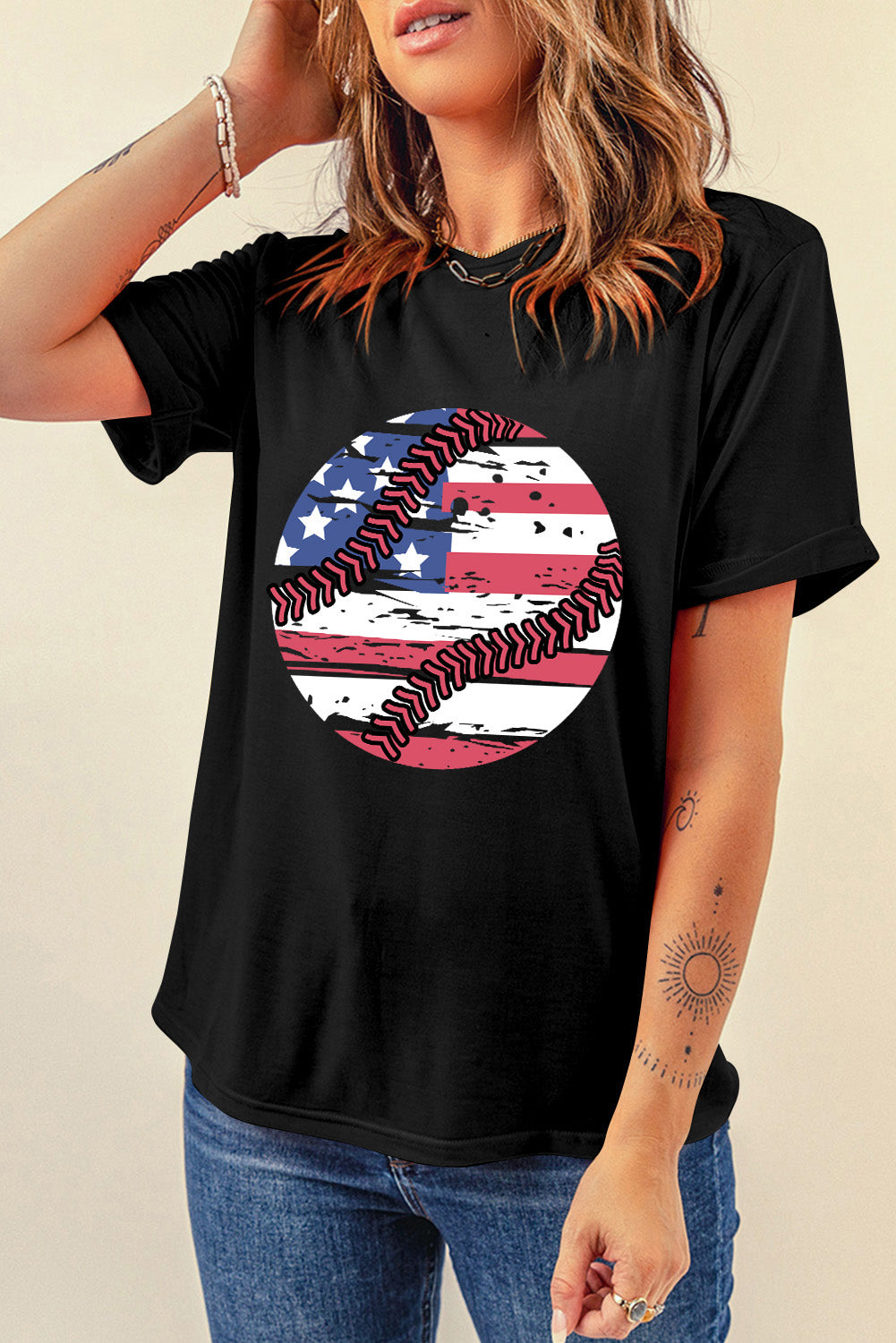 US Flag Round Neck Short Sleeve T-Shirt-Angel Casuals