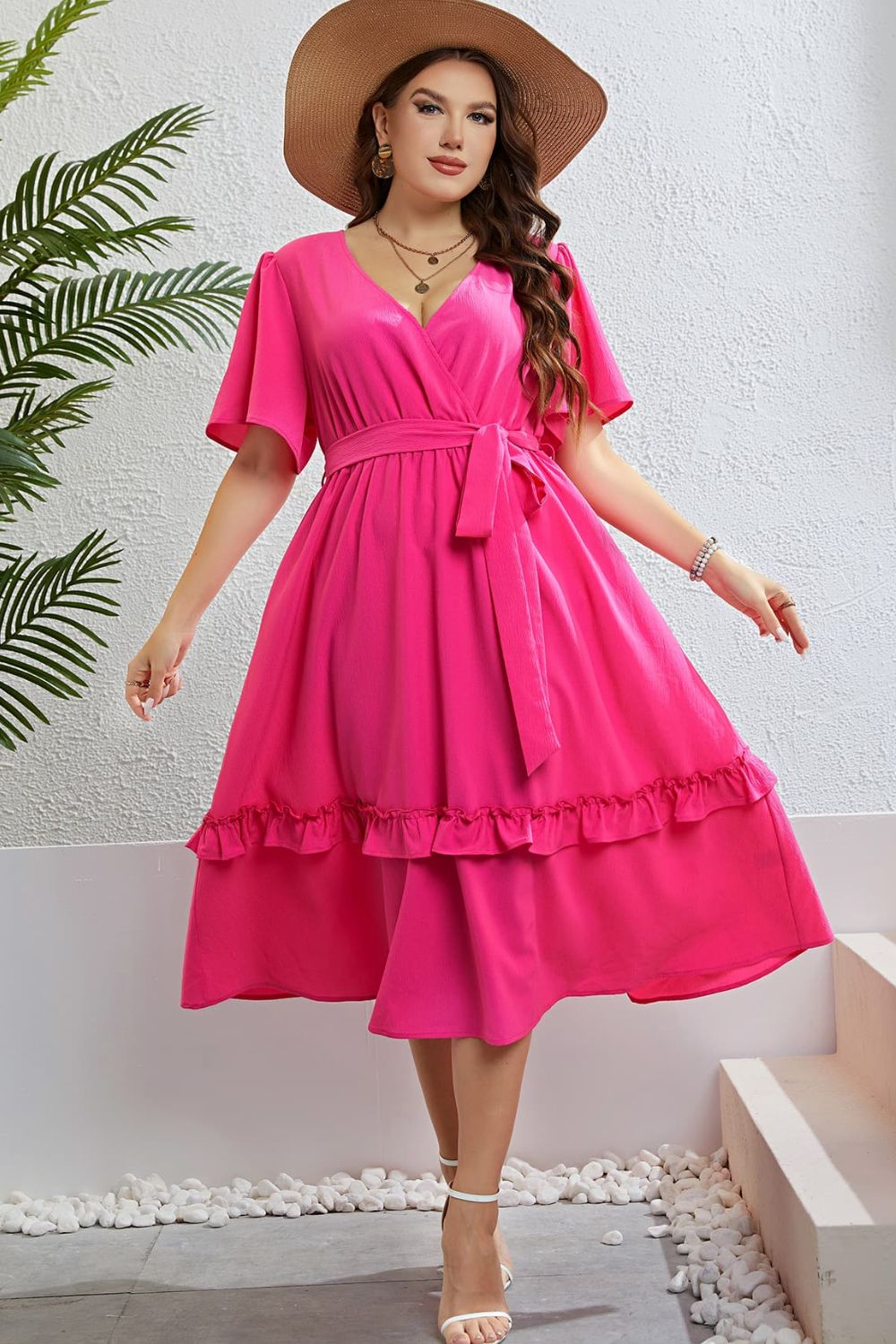 Belted Frill Trim Flutter Sleeve Dress-Angel Casuals