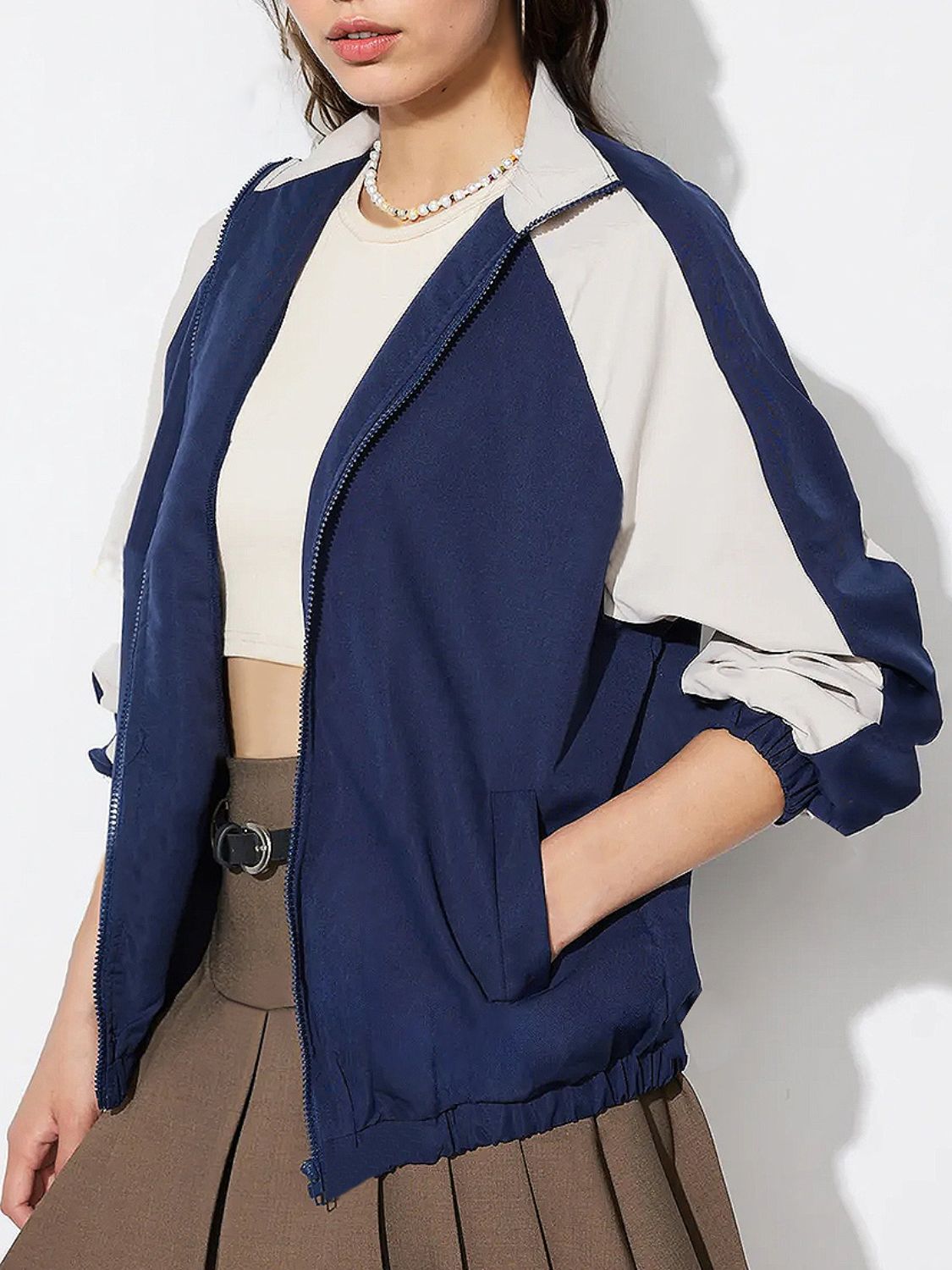 Contrast Zip Up Collared Neck Long Sleeve Jacket-Angel Casuals