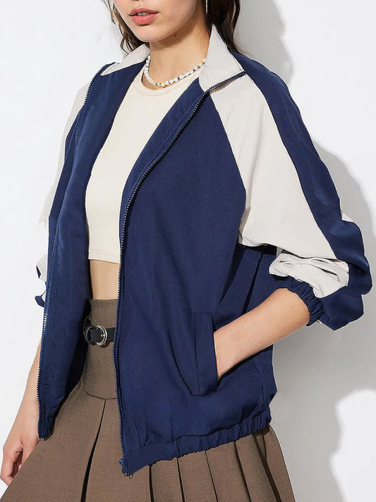 Contrast Zip Up Collared Neck Long Sleeve Jacket-Angel Casuals
