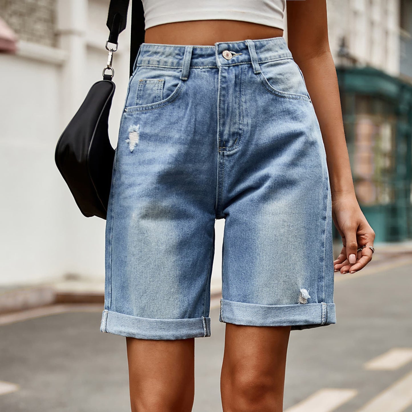 Distressed Buttoned Denim Shorts with Pockets-Angel Casuals