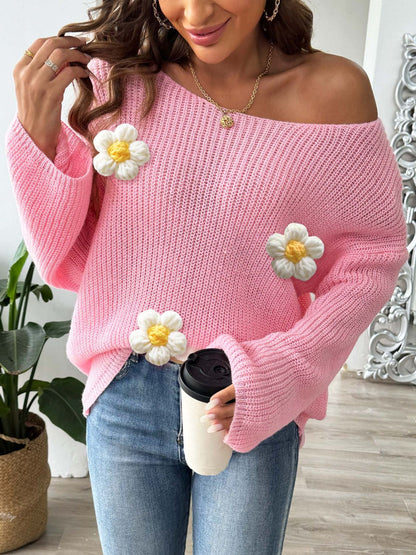 Flower Round Neck Long Sleeve Sweater-Angel Casuals