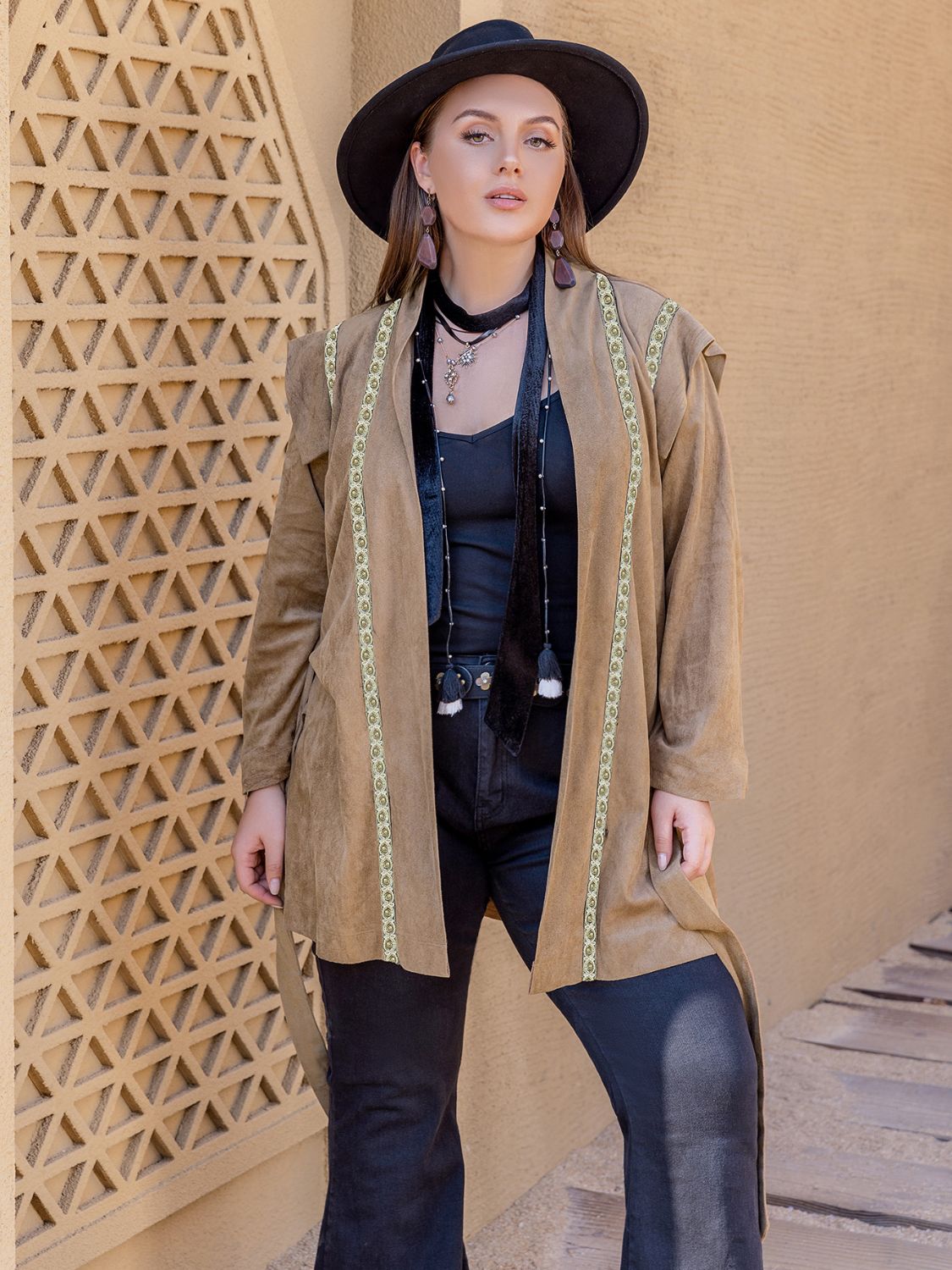 Plus Size Long Sleeve Tie Waist Cardigan-Angel Casuals