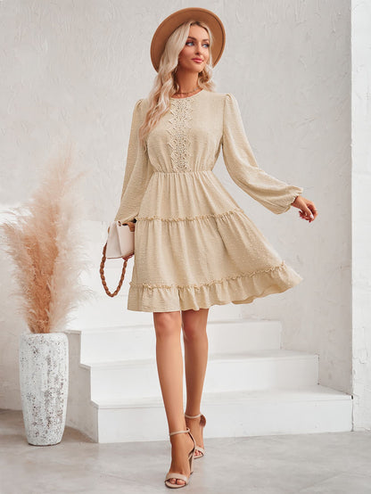 Swiss Dot Lace Trim Balloon Sleeve Dress-Angel Casuals