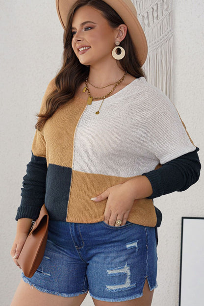 Plus Size Color Block Round Neck Sweater-Angel Casuals