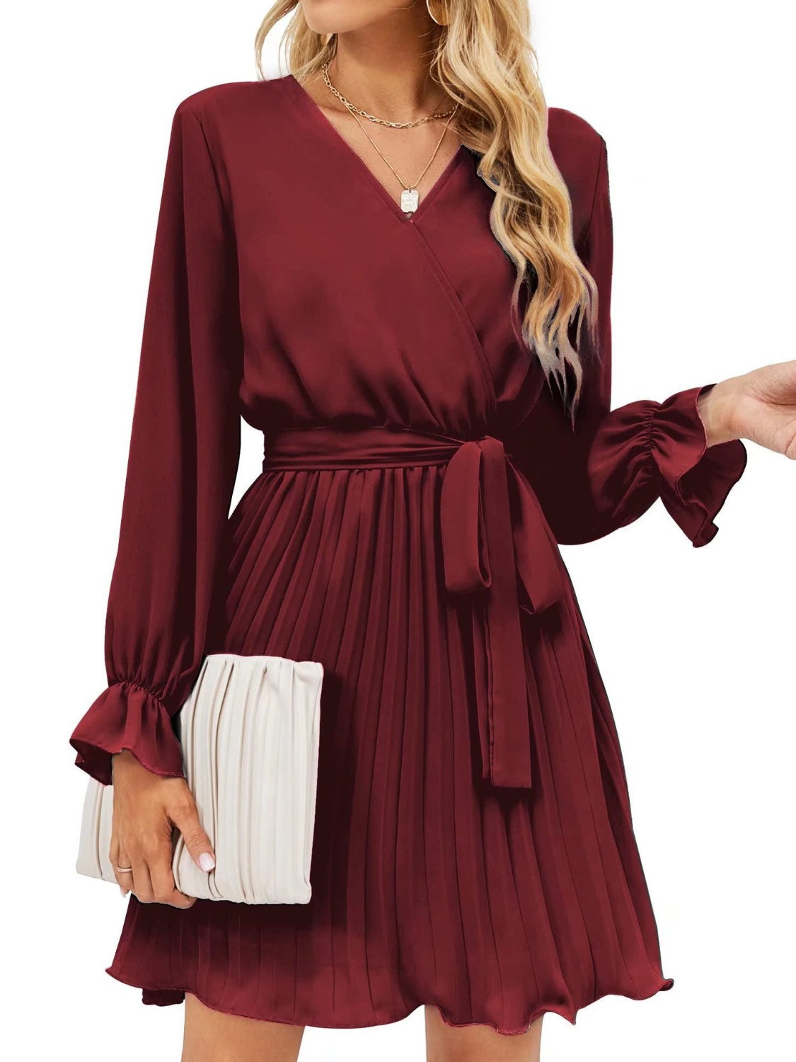 Surplice Flounce Sleeve Pleated Mini Dress-Angel Casuals