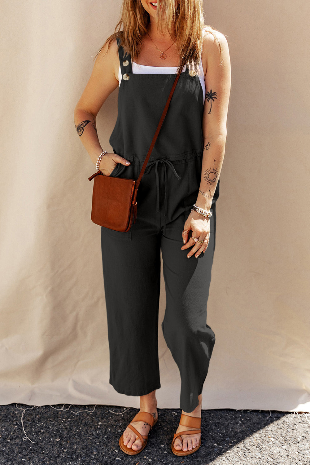 Drawstring Wide Strap Overalls with Pockets-Angel Casuals