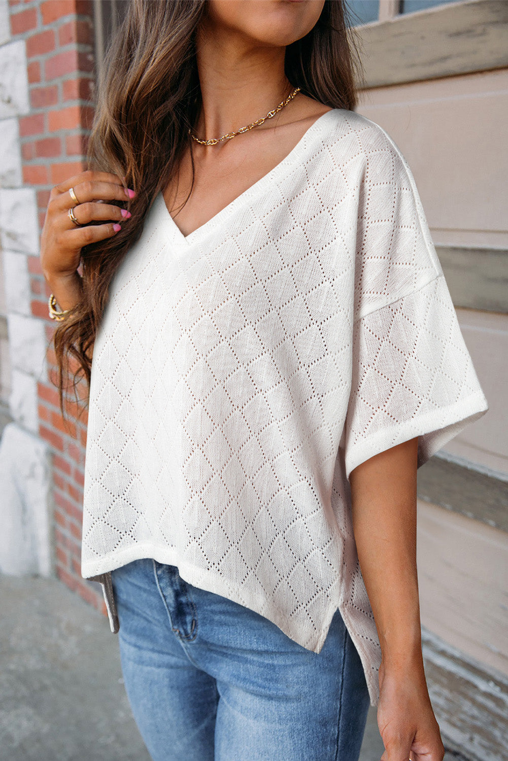 Eyelet V-Neck Dropped Shoulder T-Shirt-Angel Casuals