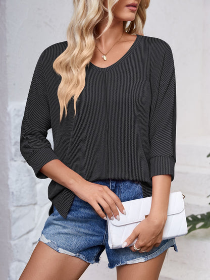 Textured Round Neck Three-Quarter Sleeve Blouse-Angel Casuals