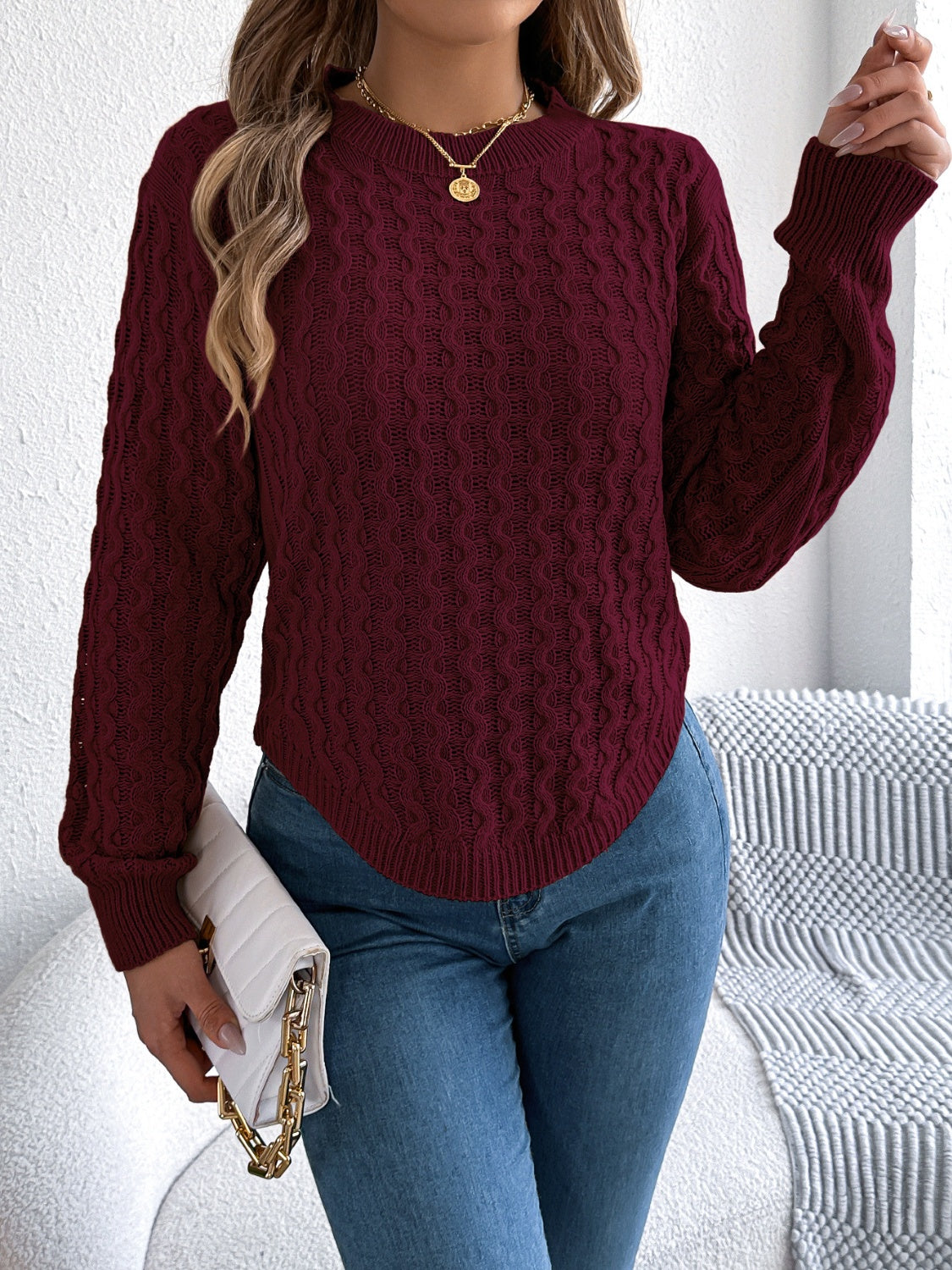 Asymmetric Hem Round Neck Long Sleeve Sweater-Angel Casuals