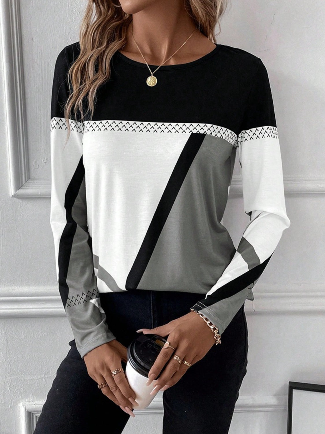 Contrast Round Neck Long Sleeve T-Shirt-Angel Casuals