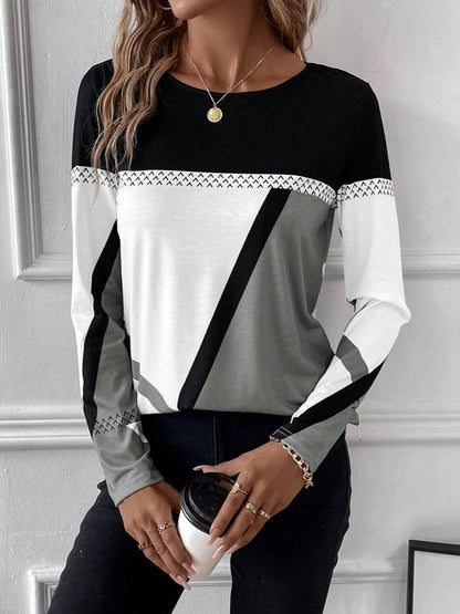 Contrast Round Neck Long Sleeve T-Shirt-Angel Casuals