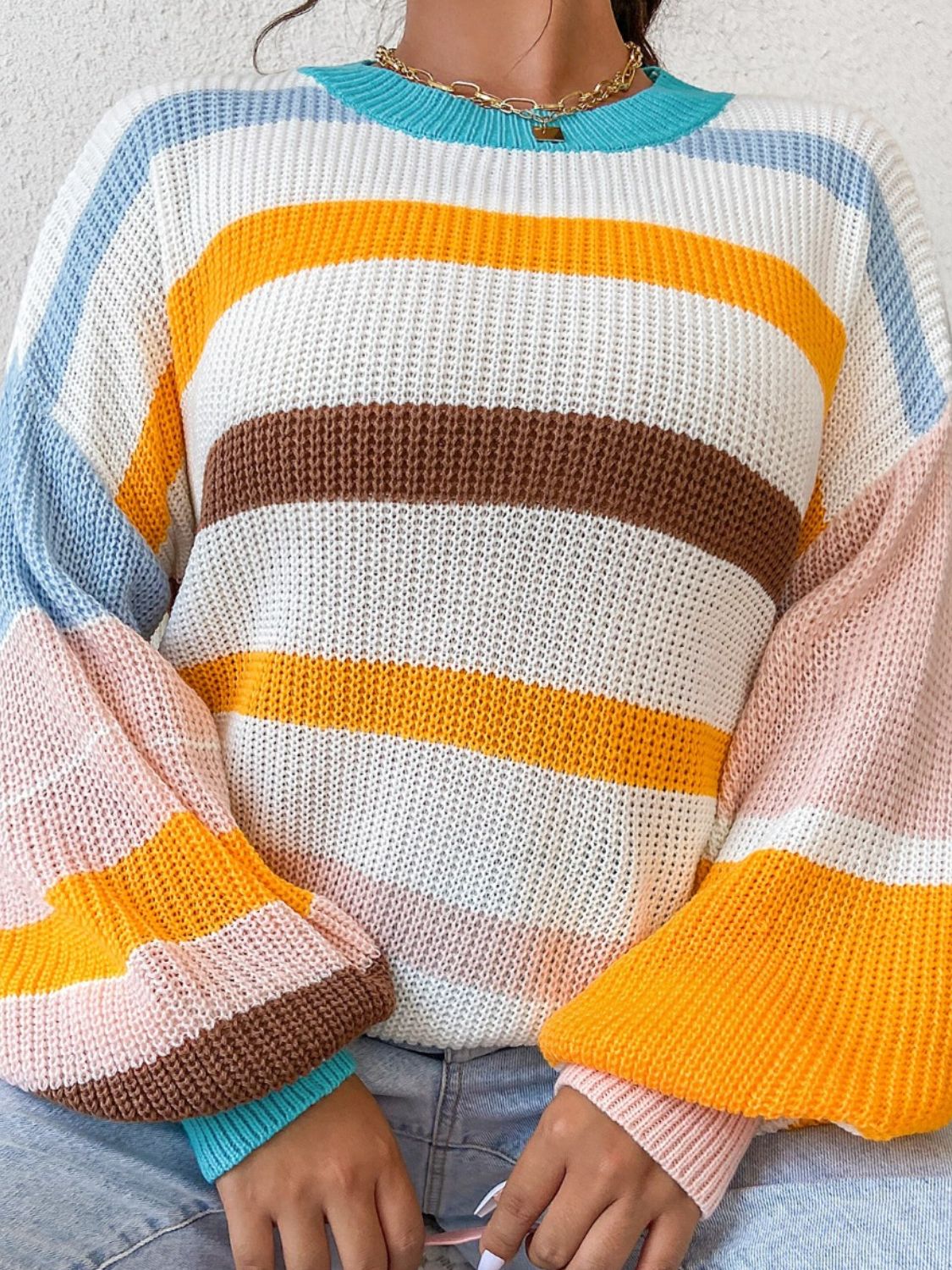 Striped Round Neck Long Sleeve Sweater-Angel Casuals