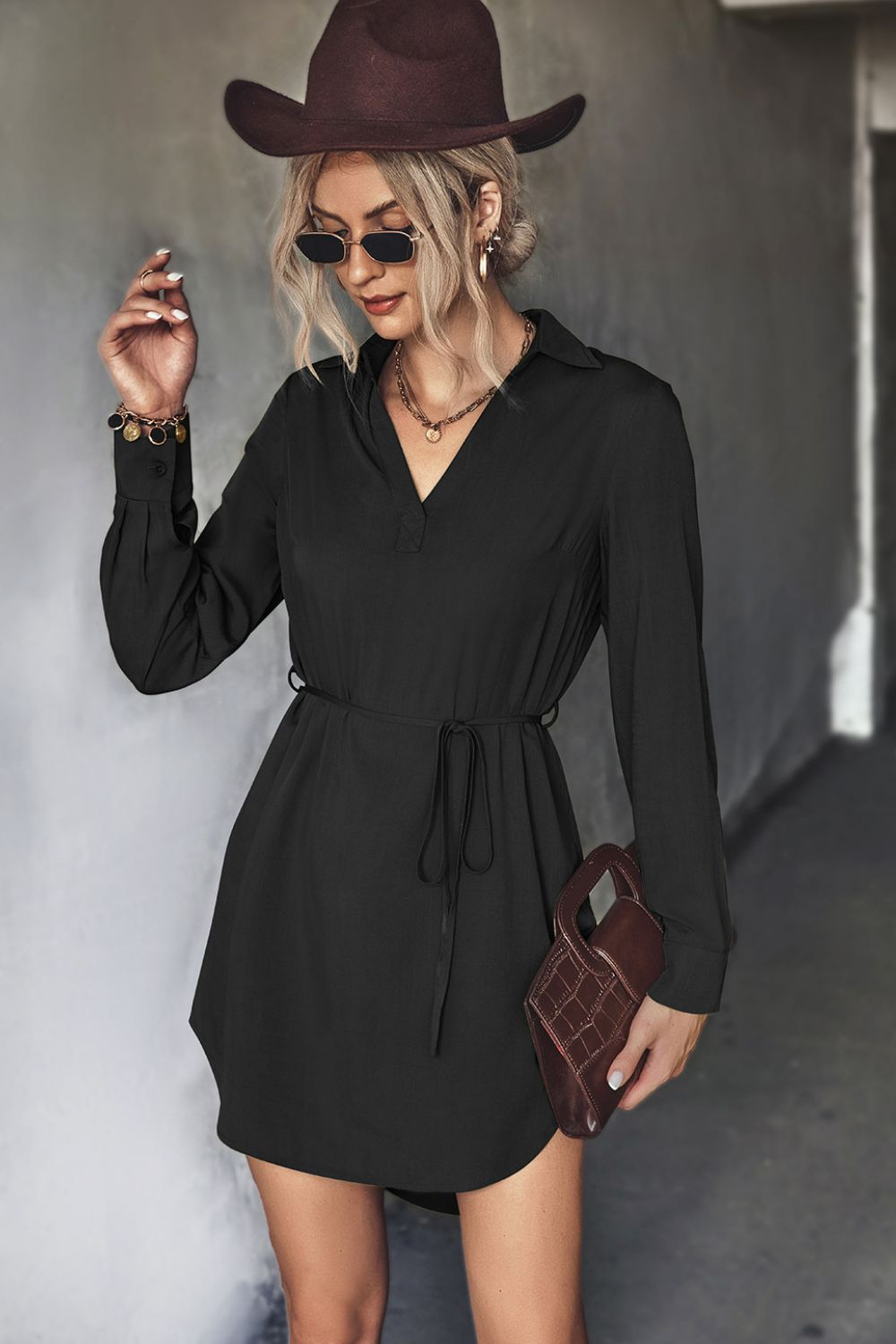 Belted Johnny Collar High-Low Shirt Dress-Angel Casuals