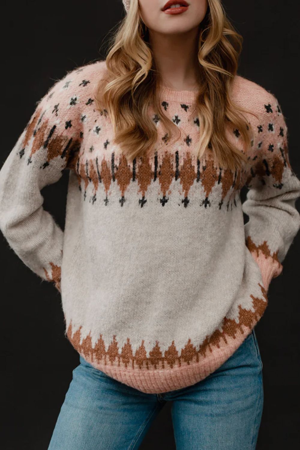 Geometric Contrast Round Neck Long Sleeve Sweater-Angel Casuals