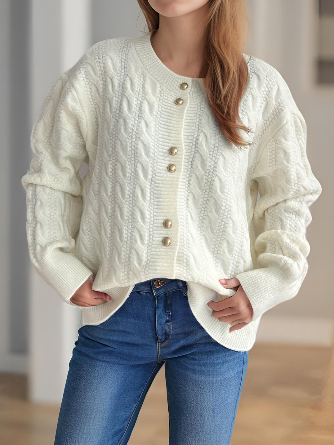 Cable-Knit Round Neck Long Sleeve Cardigan-Angel Casuals