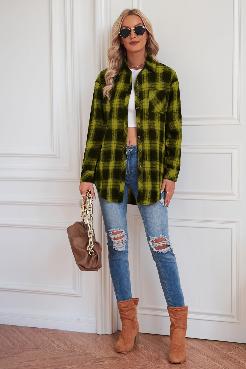 Plaid Button Up Dropped Shoulder Outerwear-Angel Casuals