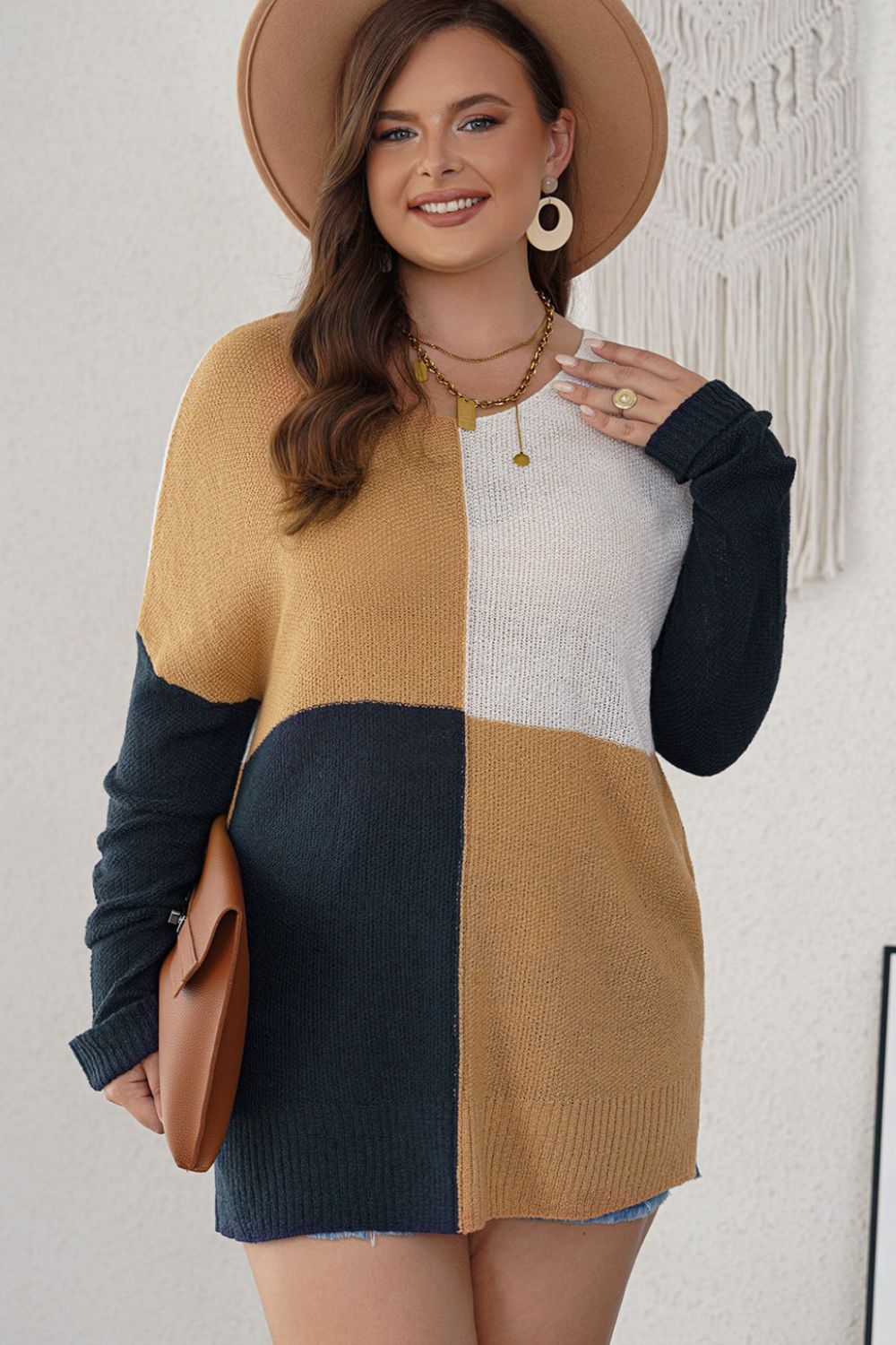 Plus Size Color Block Round Neck Sweater-Angel Casuals