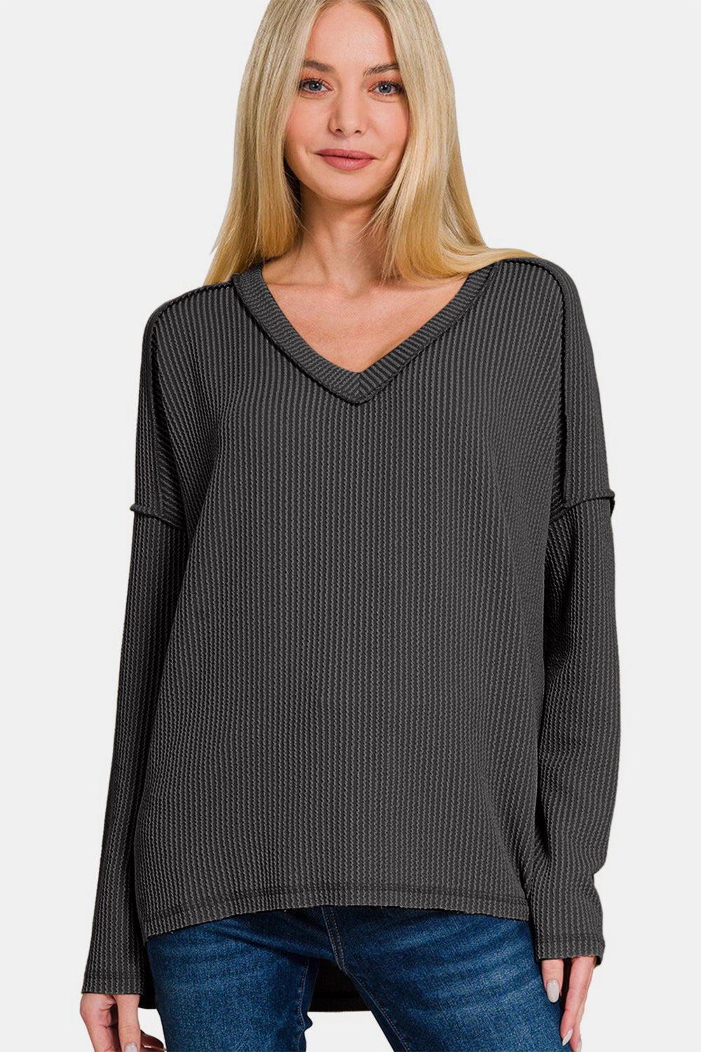 Zenana Texture Exposed Seam V-Neck Long Sleeve T-Shirt-Angel Casuals