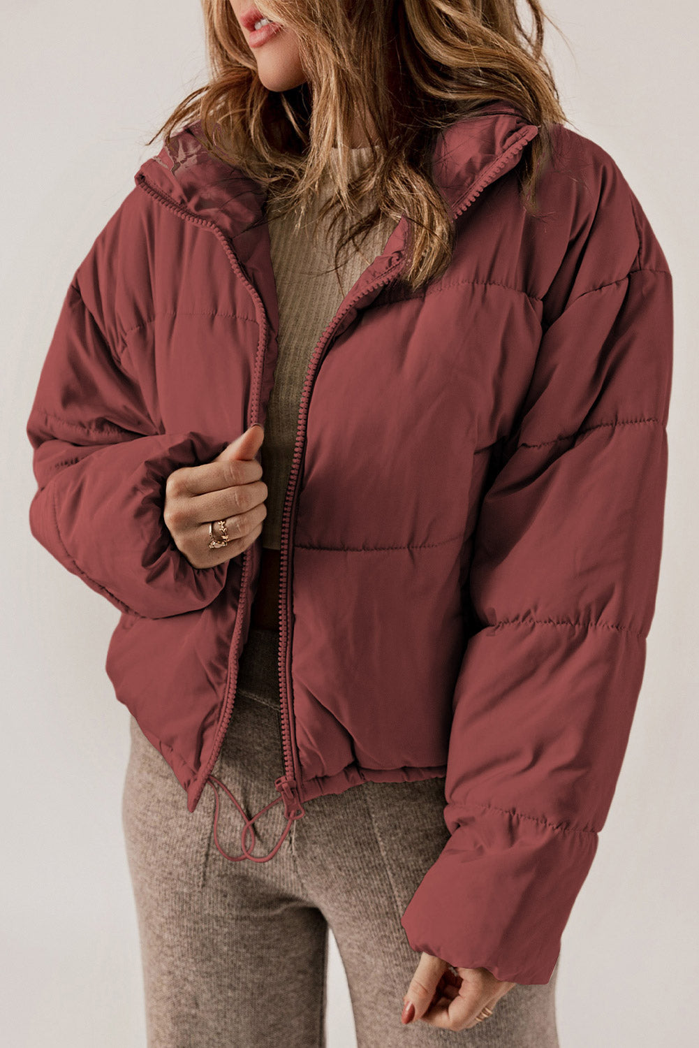 Zip Up Collared Neck Long Sleeve Winter Coat-Angel Casuals