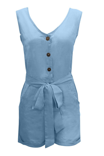 Full Size Tied V-Neck Sleeveless Romper with Pockets-Angel Casuals