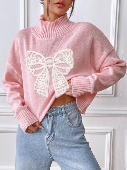 Bow Turtleneck Long Sleeve Sweater-Angel Casuals