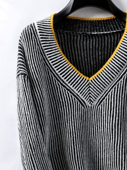 Striped V-Neck Long Sleeve Sweater-Angel Casuals