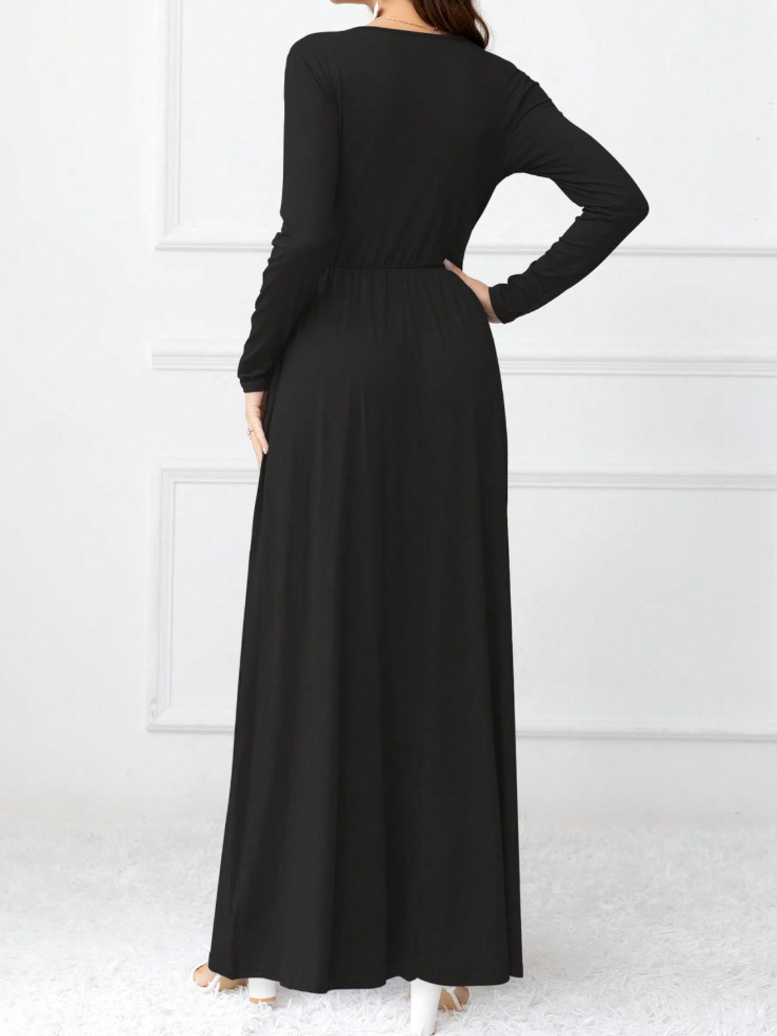 Pocketed Surplice Long Sleeve Maxi Dress-Angel Casuals