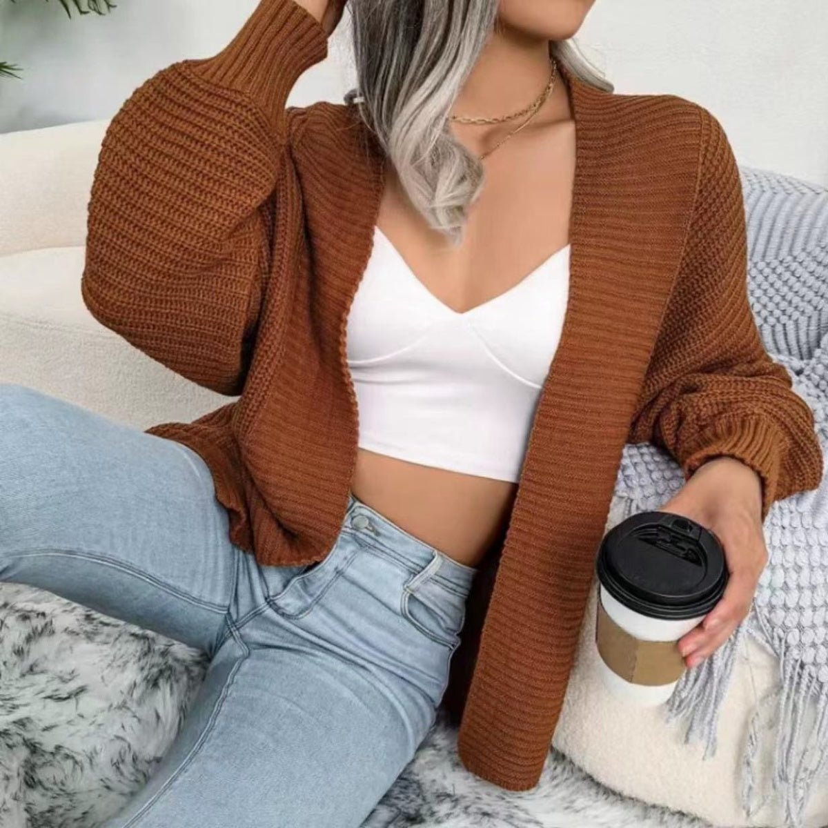 Open Front Lantern Sleeve Cardigan-Angel Casuals