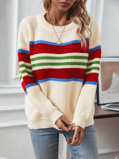 Contrast Stripes Round Neck Long Sleeve Sweater-Angel Casuals