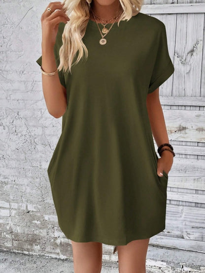 Pocketed Round Neck Short Sleeve Dress-Angel Casuals