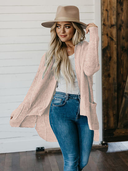 High-Low Open Front Cardigan with Pockets-Angel Casuals