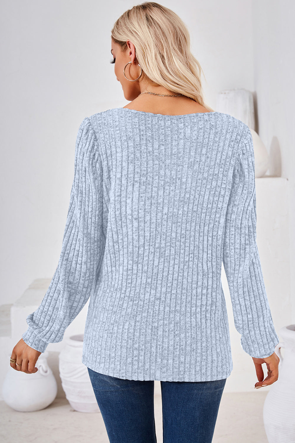 Ribbed Square Neck Long Sleeve T-Shirt-Angel Casuals