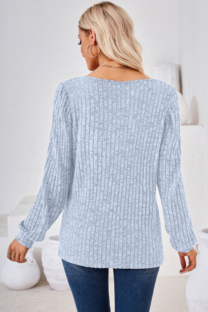 Ribbed Square Neck Long Sleeve T-Shirt-Angel Casuals
