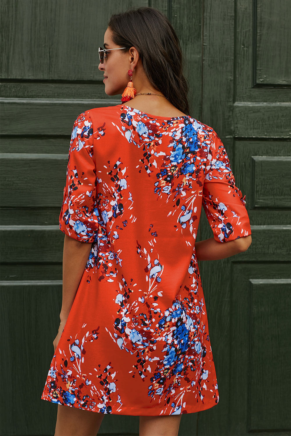 Printed Buttoned V-Neck Half Sleeve Dress-Angel Casuals