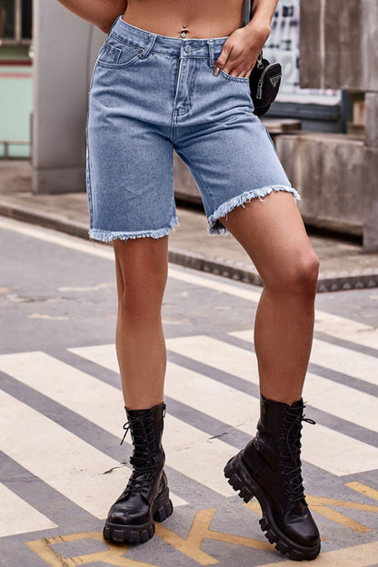 Raw Hem Denim Shorts with Pockets-Angel Casuals