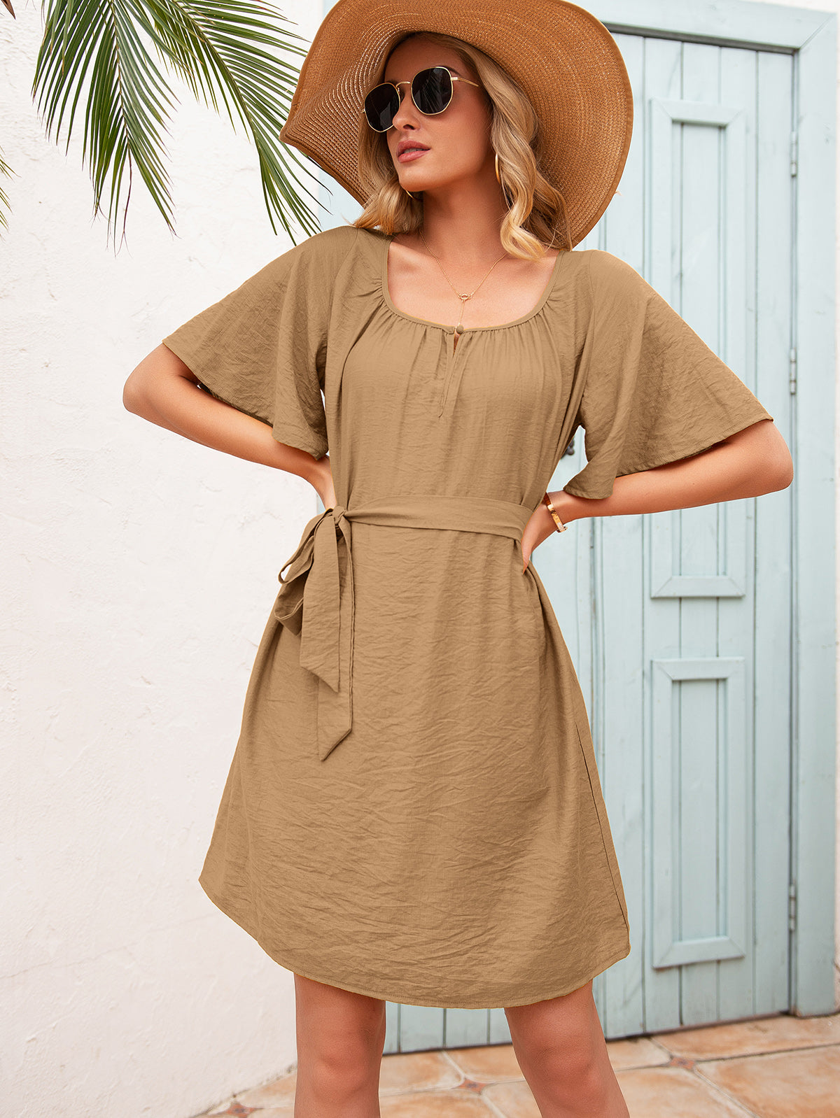 Tie Waist Flutter Sleeve Mini Dress-Angel Casuals