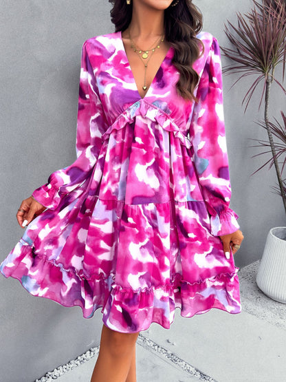 Backless Printed V-Neck Flounce Sleeve Dress-Angel Casuals