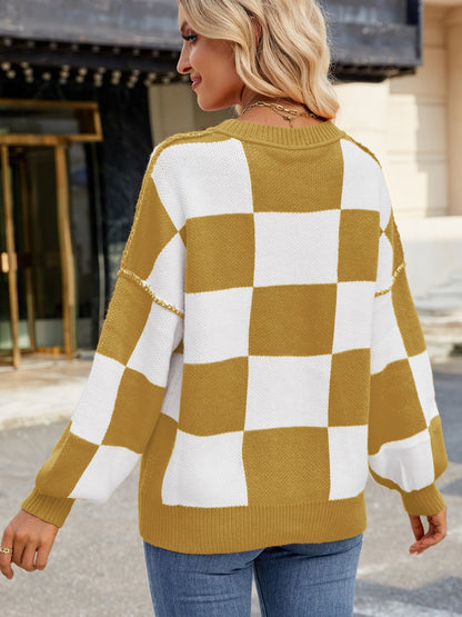 Checkered Round Neck Long Sleeve Sweater-Angel Casuals